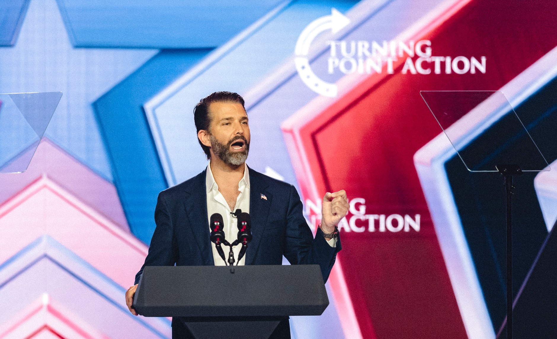 Donald Trump Jr. speaks on stage at Turning Point's annual AmericaFest conference, Phoenix, Arizona, USA, December 21, 2025.