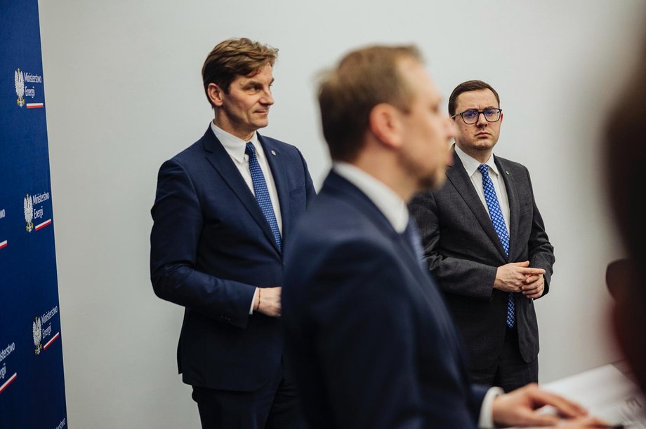 Government Plenipotentiary for strategic energy infrastructure, Deputy Minister of Energy Wojciech Wrochna, President of Polish Nuclear Power Plants Marek Woszczyk, Minister of Energy Miłosz Motyka, December 2025
