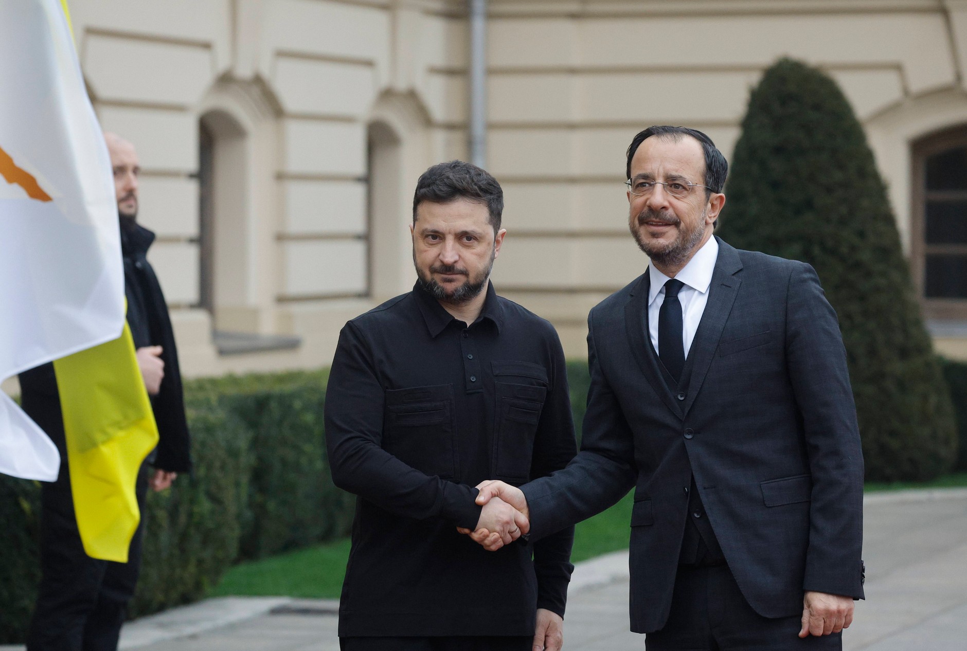 President of Ukraine Volodymyr Zelensky and President of Cyprus Nikos Christodoulides during a meeting in Kiev, Ukraine, December 4, 2025.