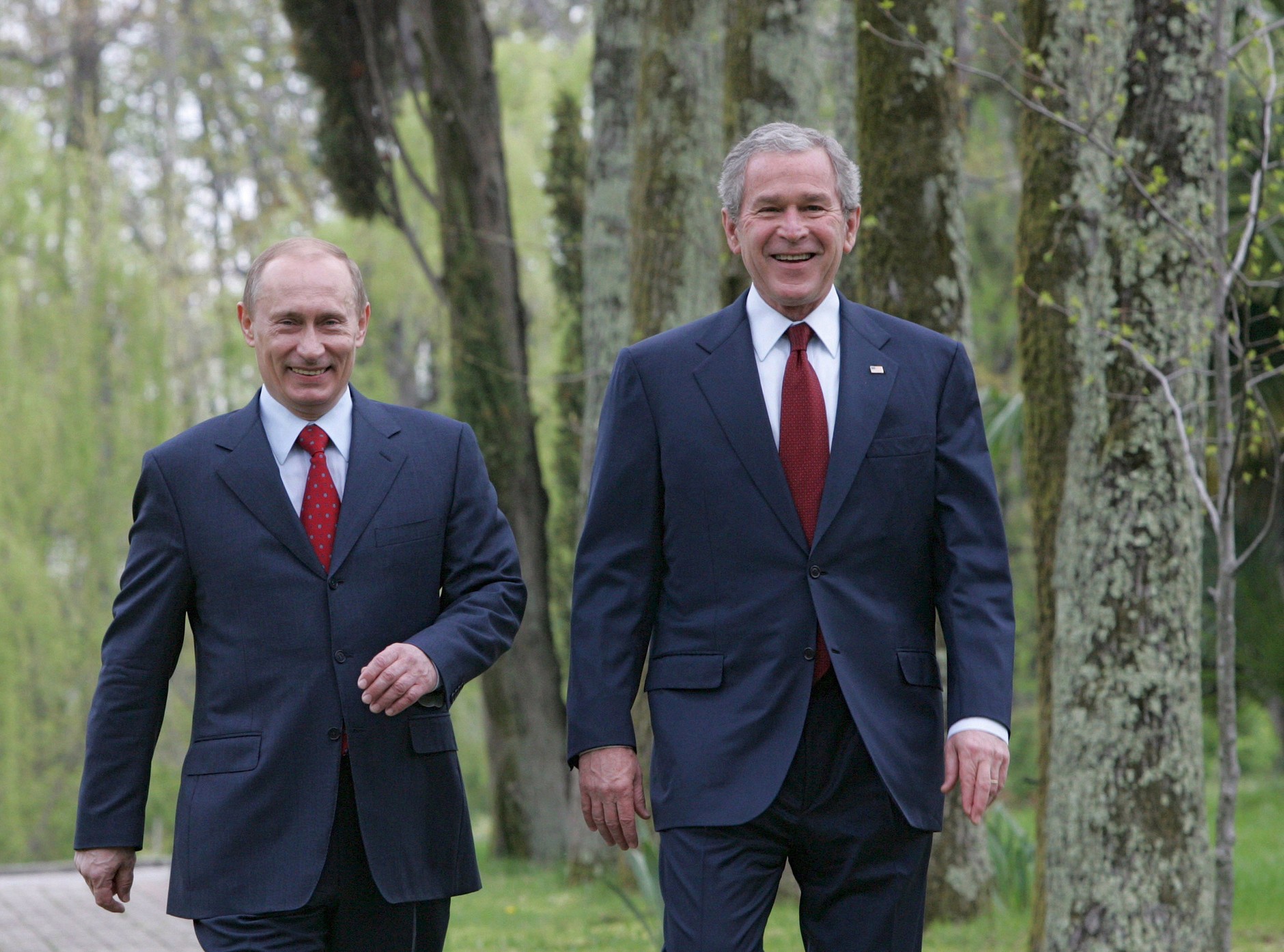 Vladimir Putin, president of Russia, and George W. Bush, president of the United States, on a walk in Sochi, April 6, 2008.