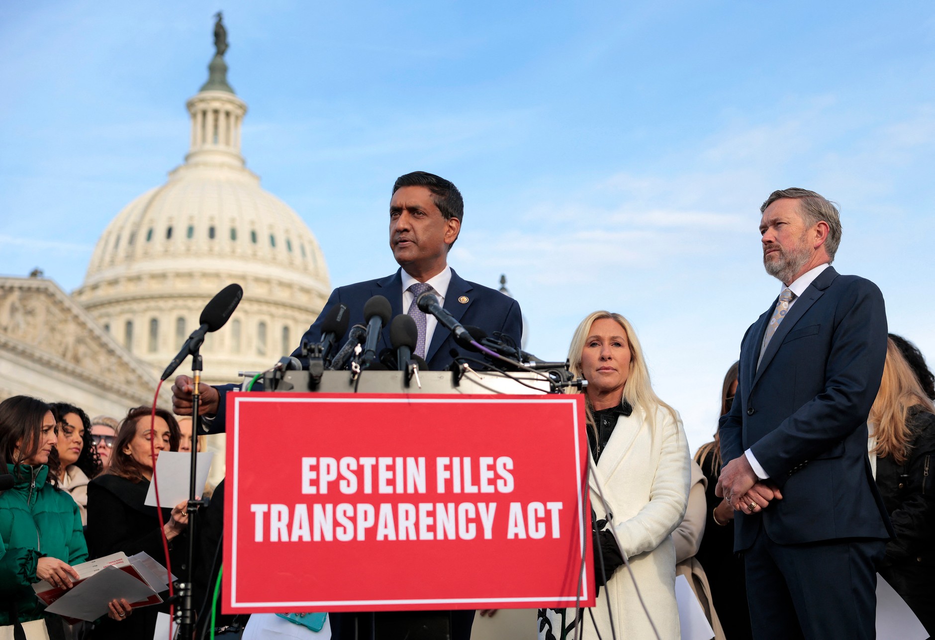 From left: Congressman Ro Khanna, Congresswoman Marjorie Taylor Greene and Congressman Thomas Massie during a press conference on the Epstein Transparency Act, Washington, D.C., November 18, 2025. 