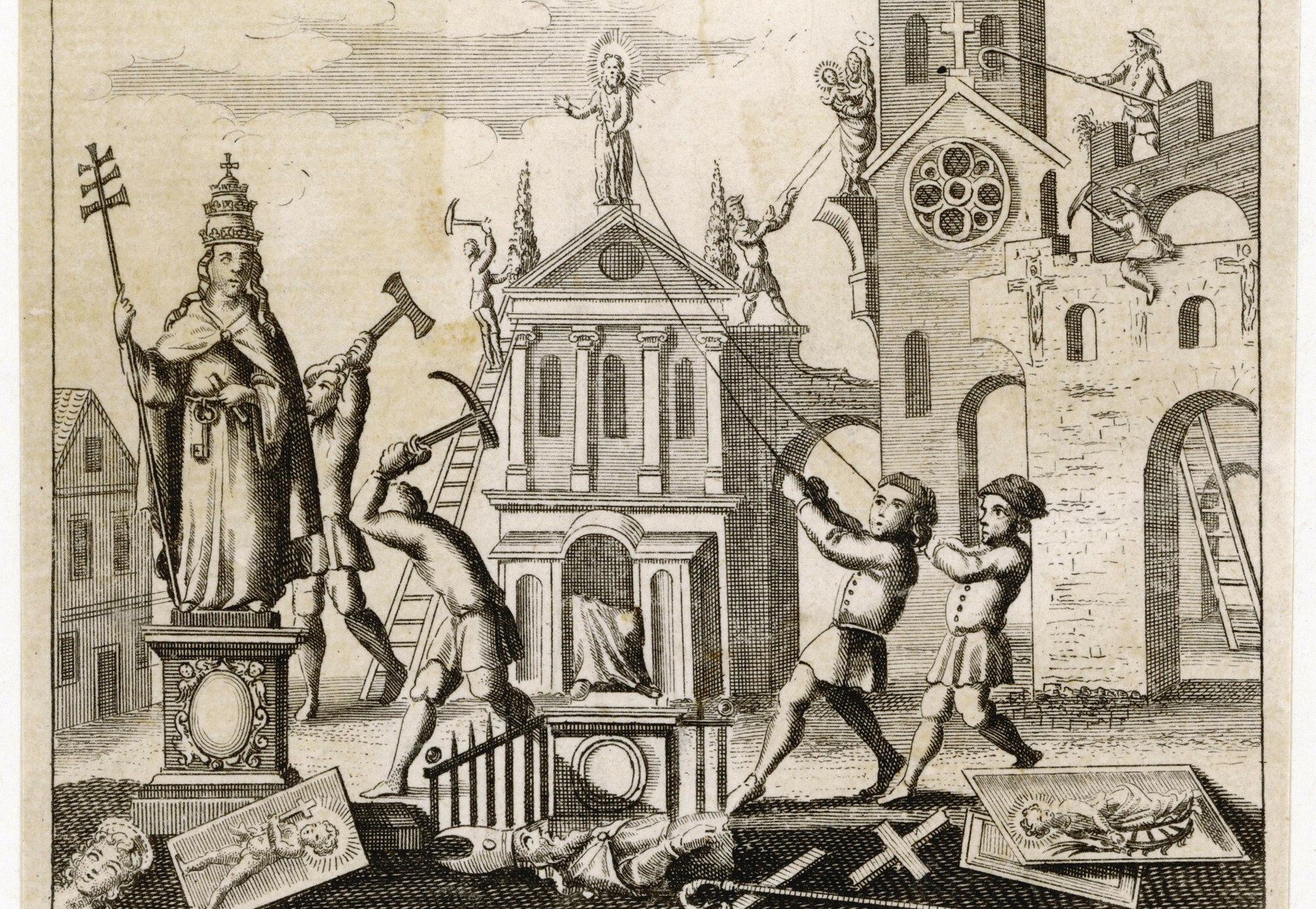 Puritans destroying religious sculptures, illustration