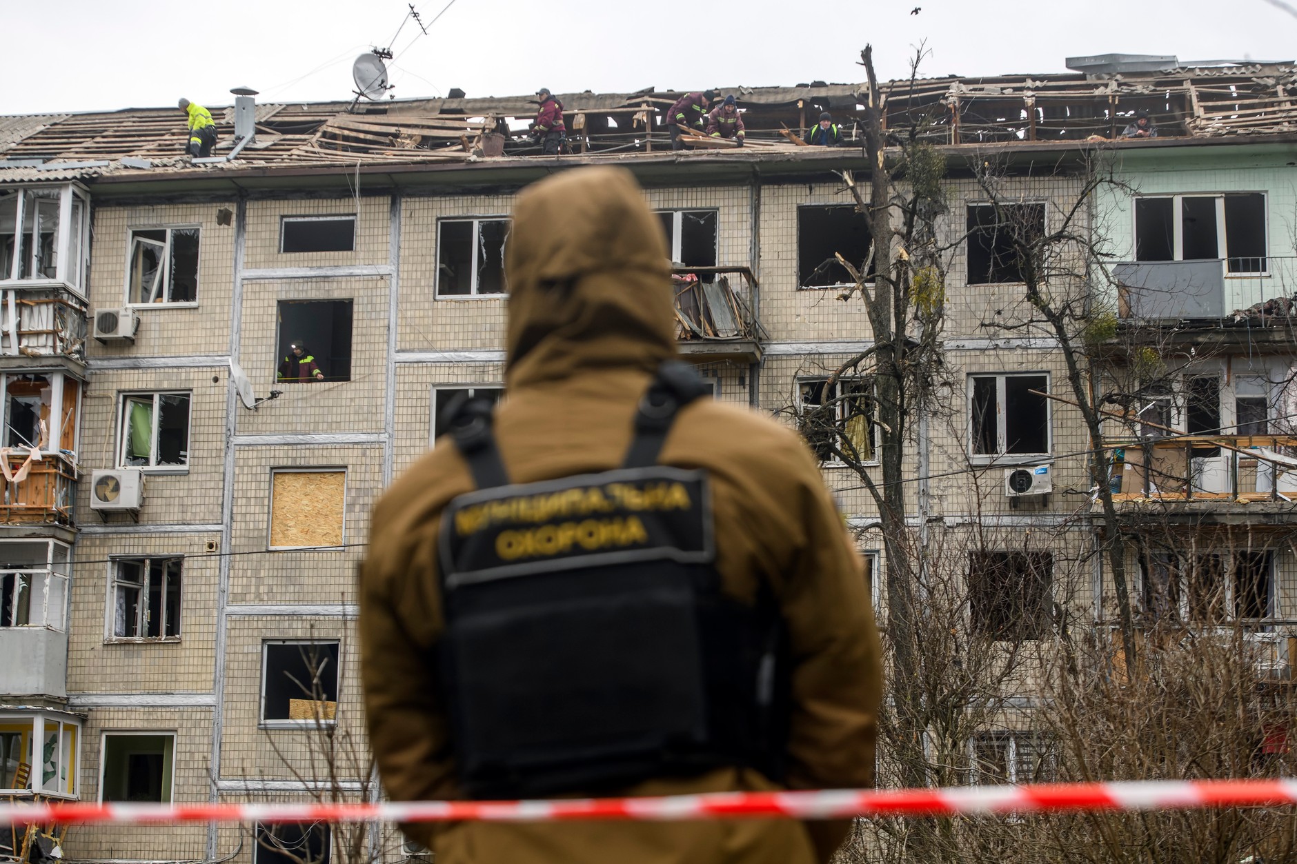 A damaged residential building after an attack by the Russian Shahid drone in one of the residential districts of Kiev, December 23, 2025.