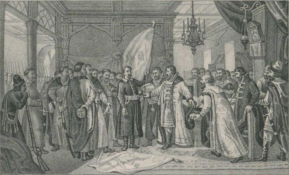 Bohdan Khmelnytsky takes an oath of allegiance to Russia. Russian graphic from 1910