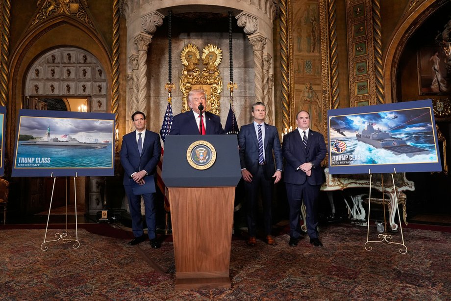 Donald Trump, Secretary of State Marco Rubio, Secretary of Defense Pete Hegseth, Secretary of the Navy John Phelan at the Mar-a-Lago Club, December 22, 2025, Palm Beach, Florida.