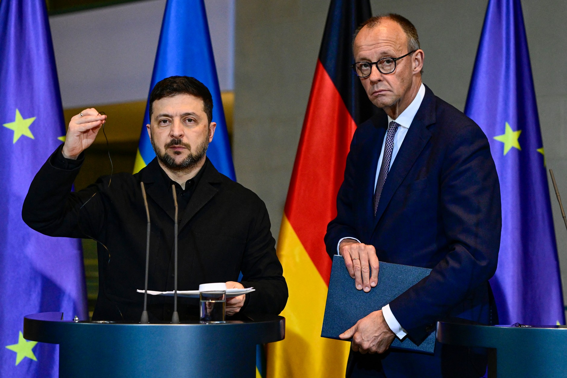 Ukrainian President Volodymyr Zelensky and German Chancellor Friedrich Merz during a press conference in Berlin, December 15, 2025.