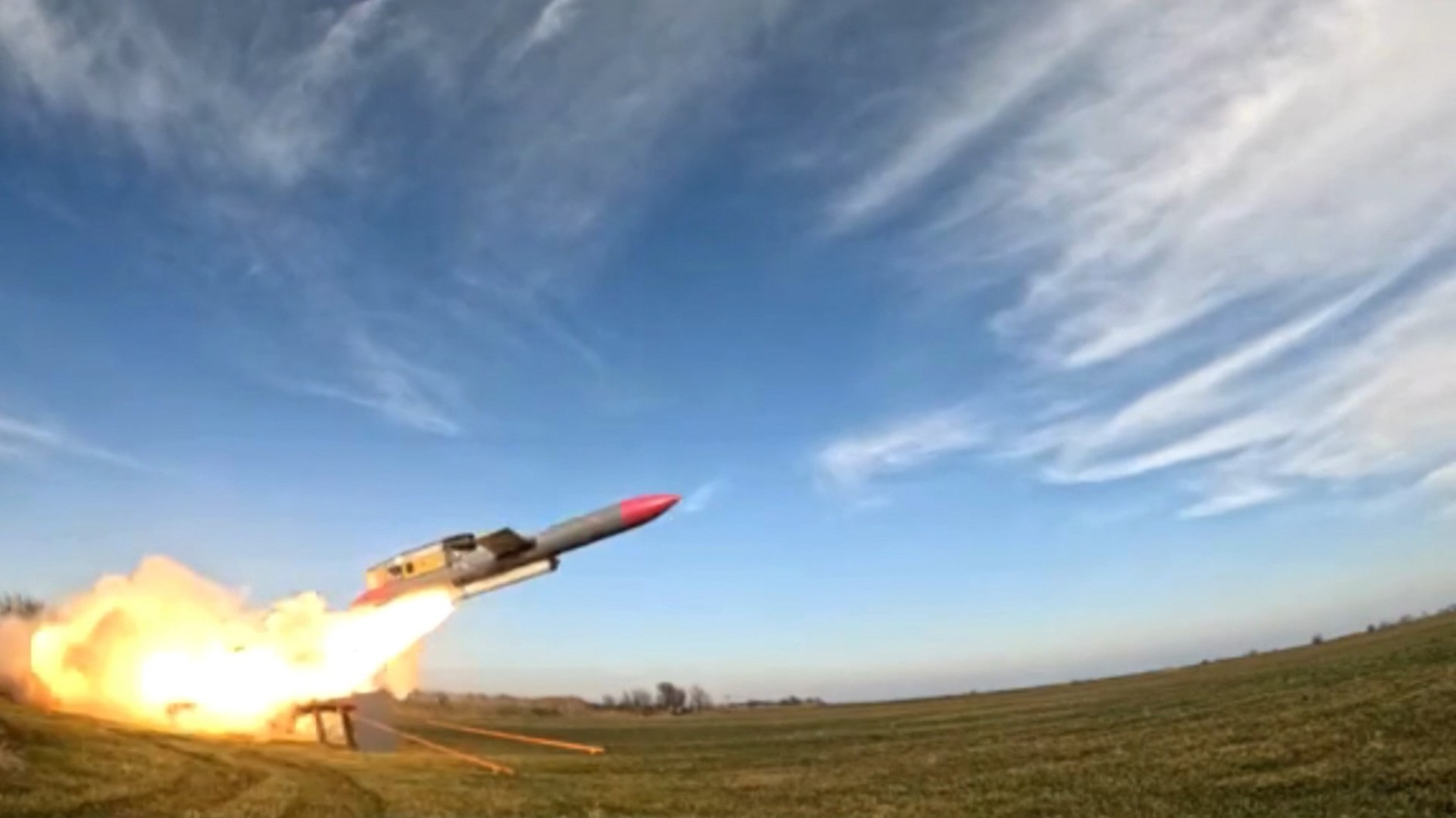 Launch of a long-range cruise missile known as Flamingo, Ukraine, August 26, 2025. 