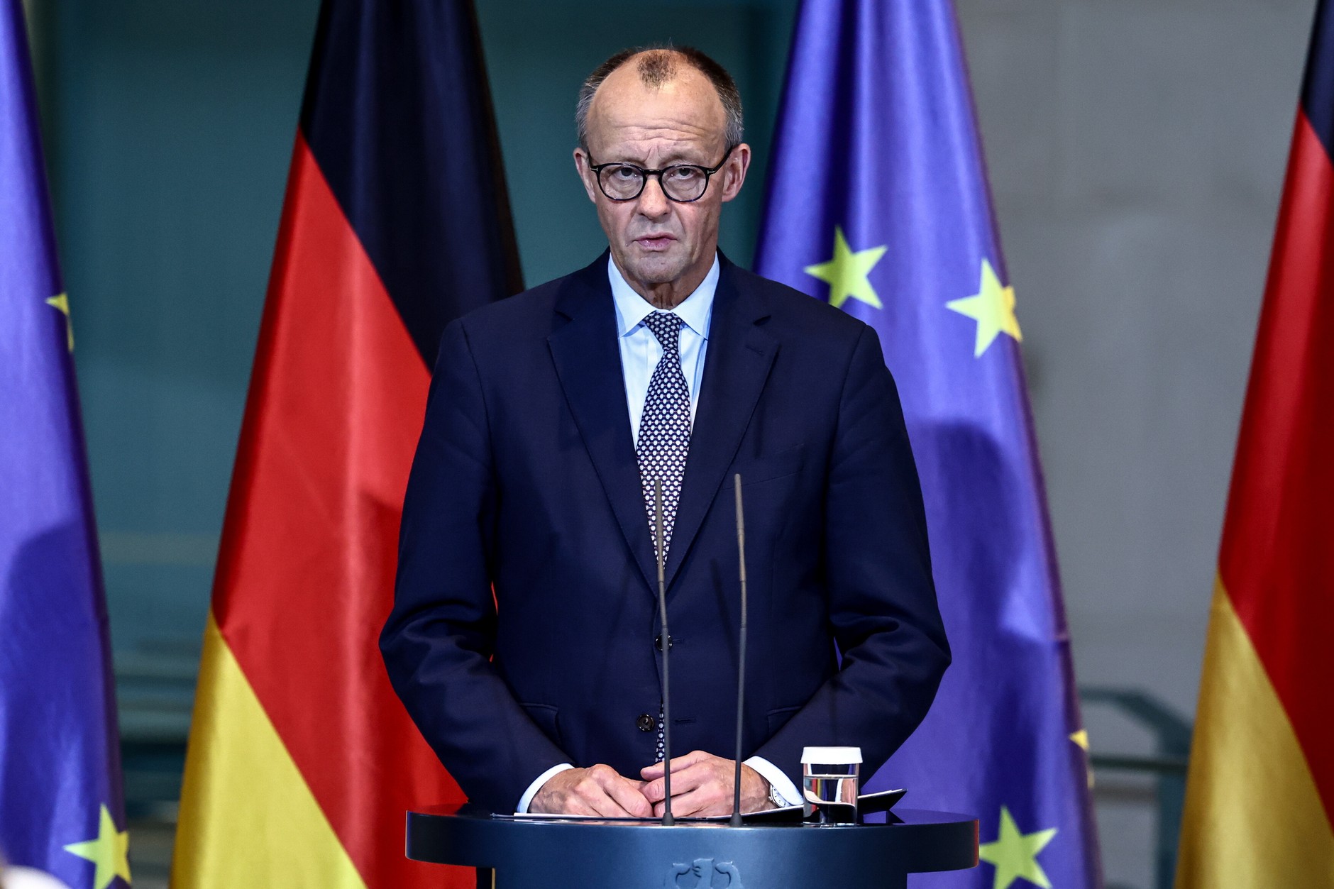 German Chancellor Friedrich Merz speaks during a press conference after the 48th session of the German parliament, the Bundestag, in Berlin, Germany, December 5, 2025.