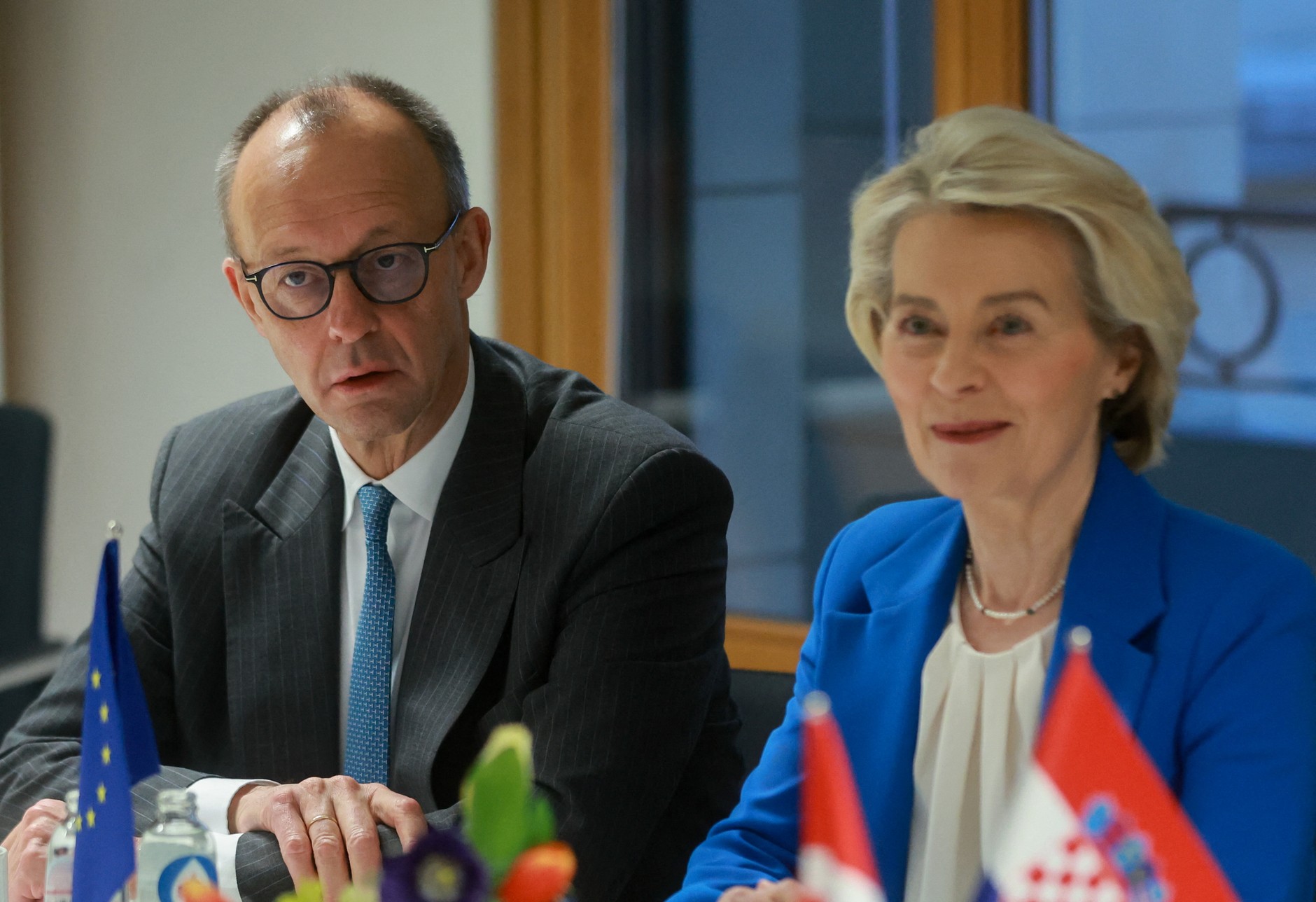 German Chancellor Friedrich Merz and European Commission President Ursula von der Leyen before the EU summit in Brussels, December 18, 2025.