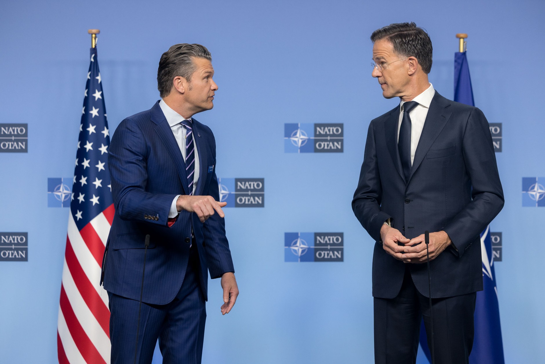 U.S. Department of War Secretary Pete Hegseth and NATO Secretary General Mark Rutte meet in Brussels, Belgium, October 15, 2025. 