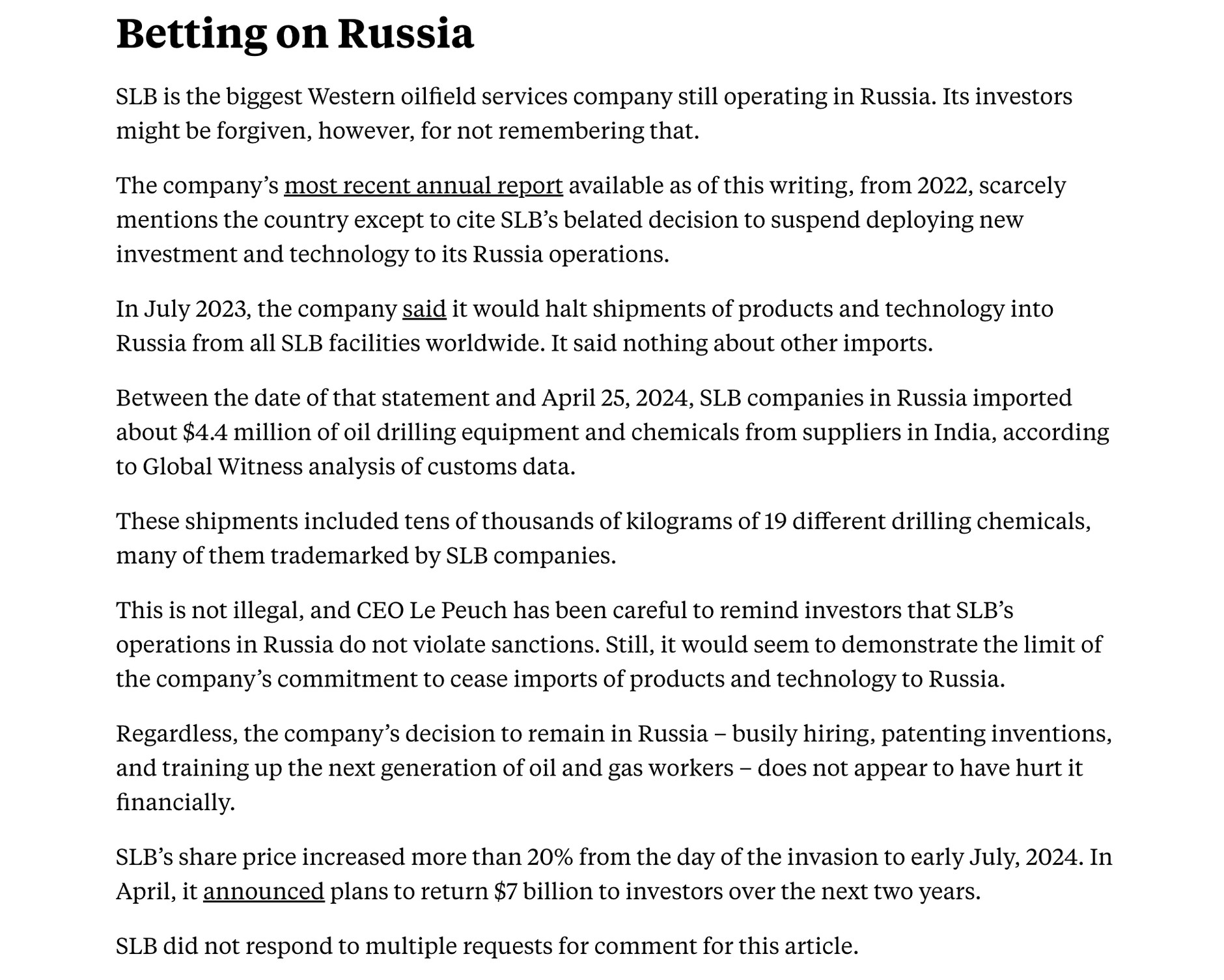 A screenshot from an August 2024 report by the investigative organization Global Witness examining SLB's involvement in the Russian oil sector.