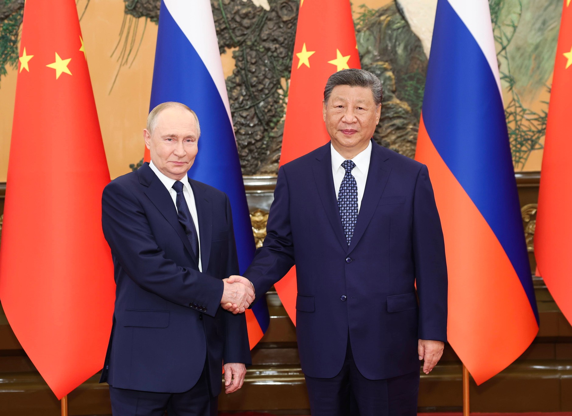 Russian President Vladimir Putin and Chinese leader Xi Jinping at the Great Hall of the People in Beijing, China, September 2, 2025.