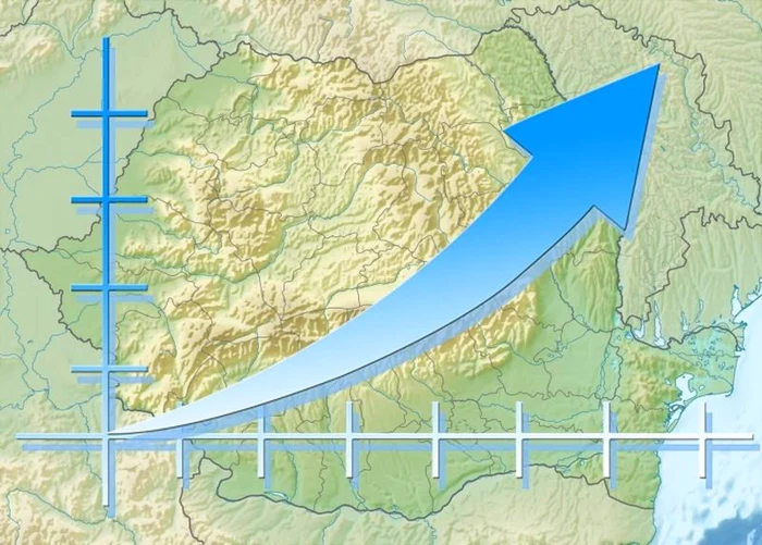 Map of REomania with a blue arrow pointing to economic growth