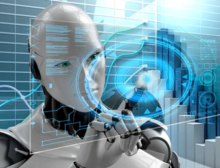 A humanoid robot touches a hologram suggesting artificial intelligence