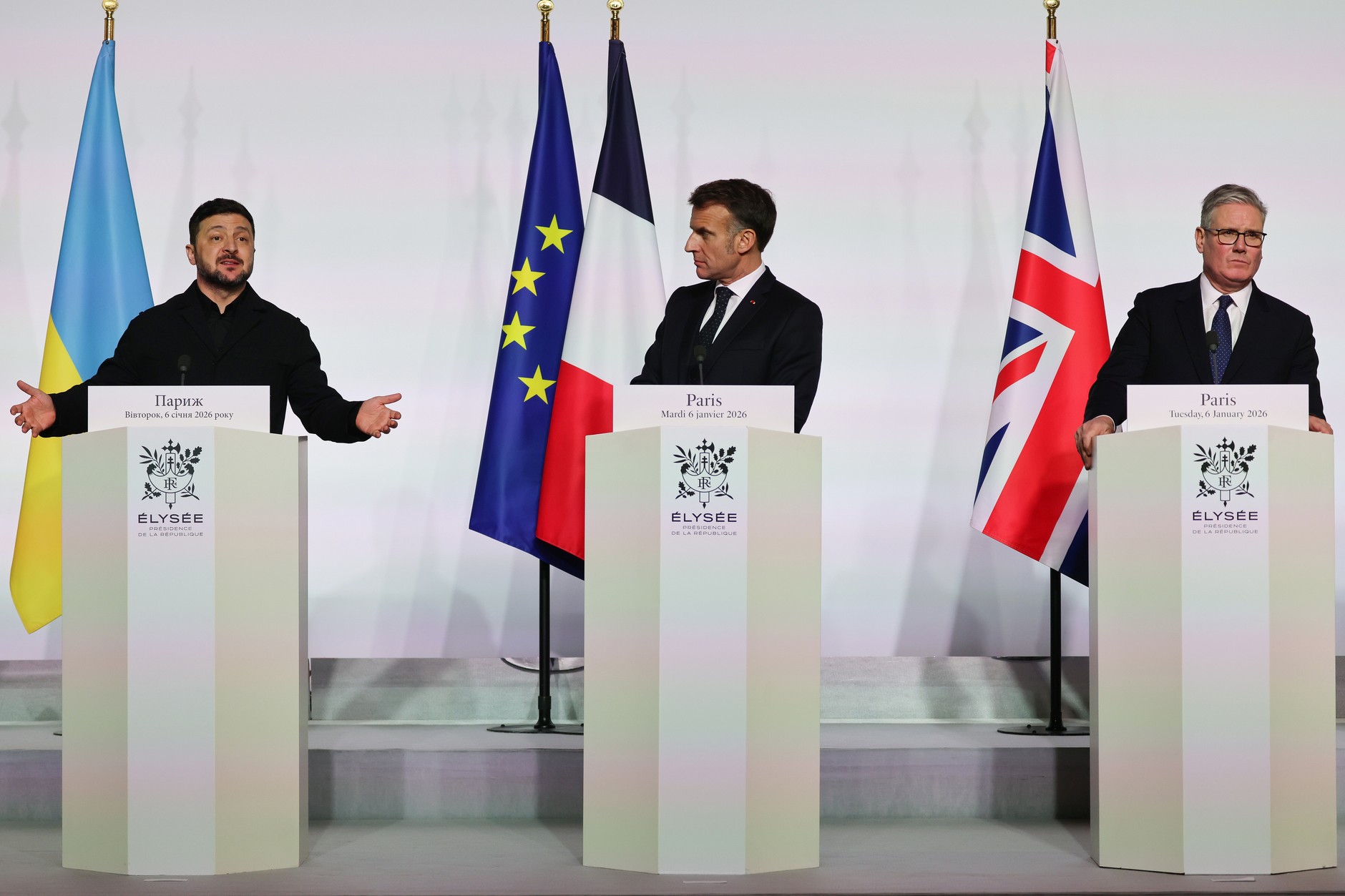 Volodymyr Zelensky, President of Ukraine, Emmanuel Macron, President of France, and Keri Starmer, British Prime Minister. Paris, January 6, 2025