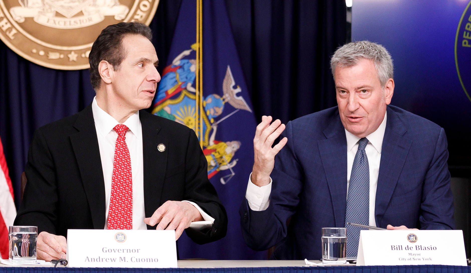 Governor Andrew Cuomo and Mayor Bill de Blasio during a news conference on the first known case of COVID-19 in New York, March 2, 2020.