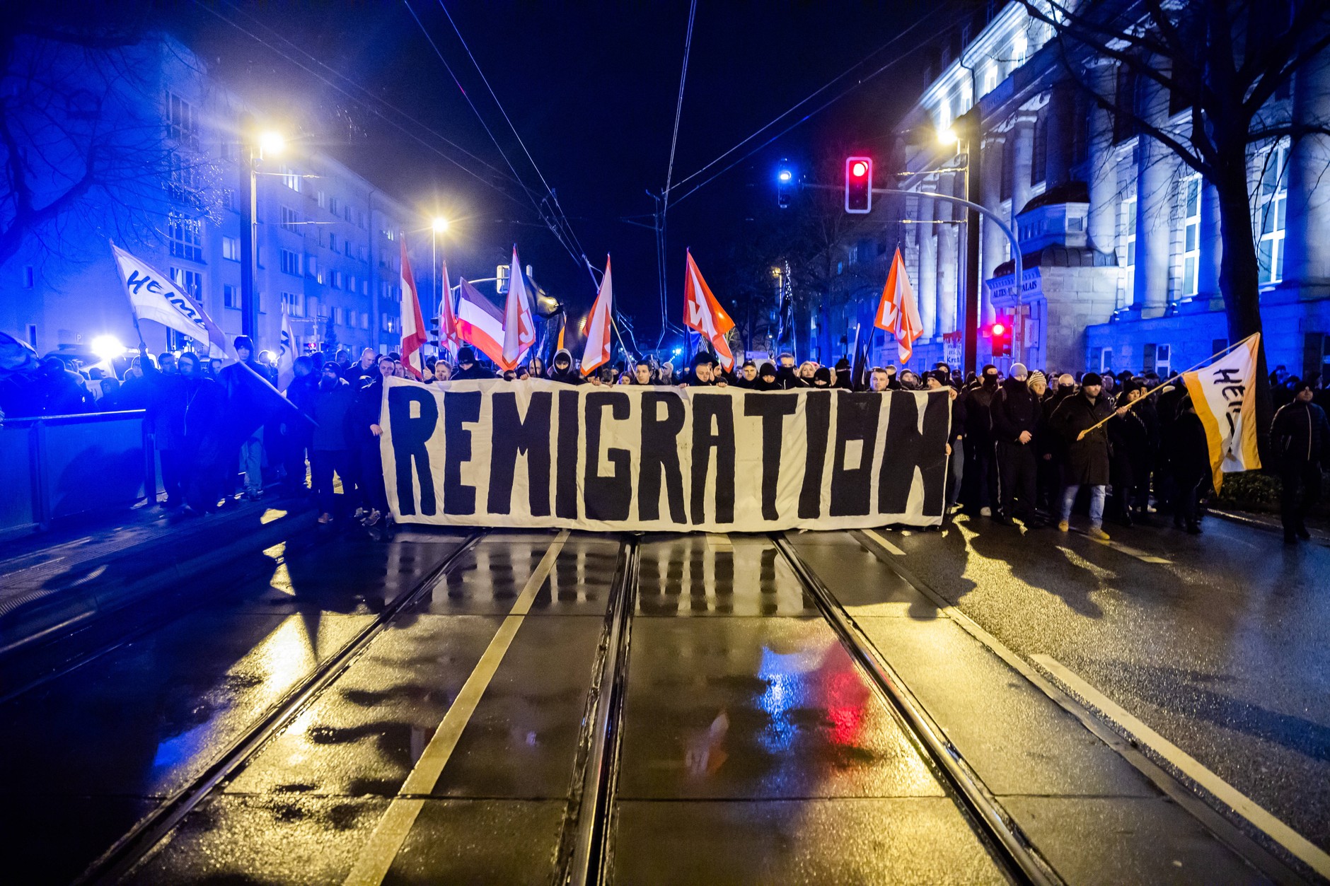 Banner with the inscription "Reemigration" during a far-right demonstration. Magdeburg, December 21, 2024