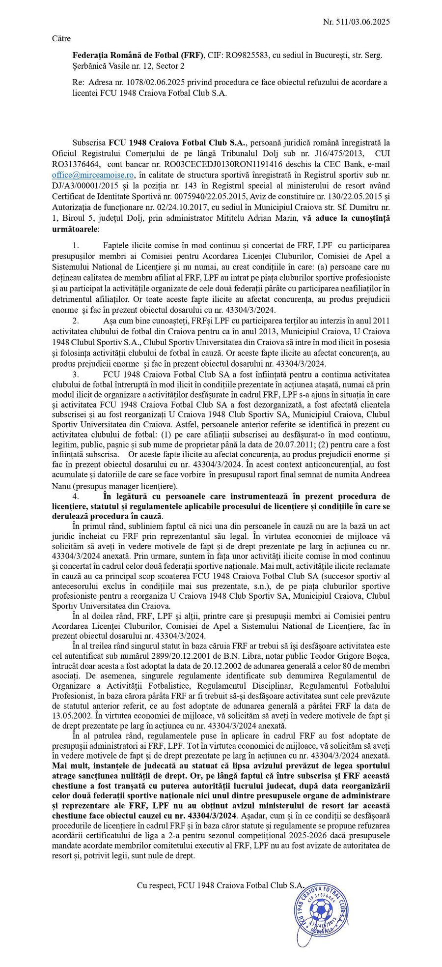 The deadline in the case of the exclusion of FCU Craiova from League 2 » Adrian Mititelu's request