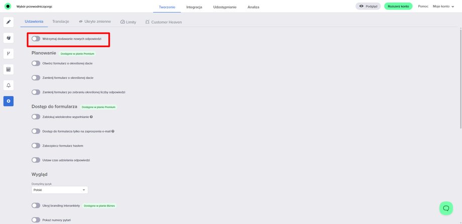 Creating an intersurvey - settings panel view