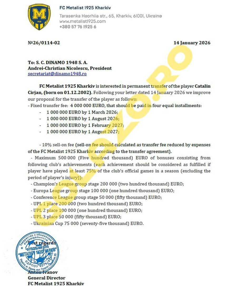 The offer arrived at Dinamo's address / photo: golazo.ro Here is the official offer for Cîrjan, after Gigi Becali challenged it publicly: