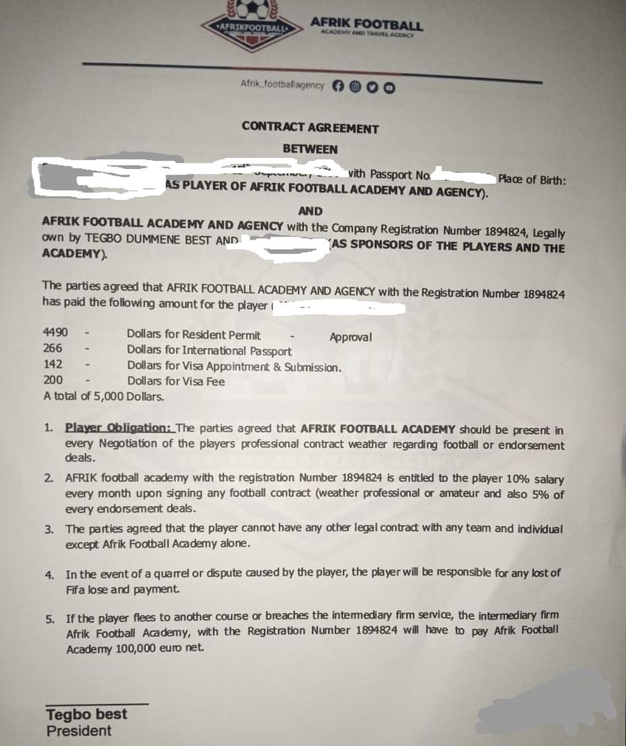 Modelul de contract pentru jucătorii aduși în România, cu clauze prevăzute alături de un sponsor care ar fi susținut deplasarea fotbalistului în Europa „Rețeaua Nigeria” » Jucători păcăliți sau legați cu clauze aberante de un fost fotbalist care acționează ca fals impresar în România + „Săracii, le cereau colegilor bani pentru Paracetamol!”