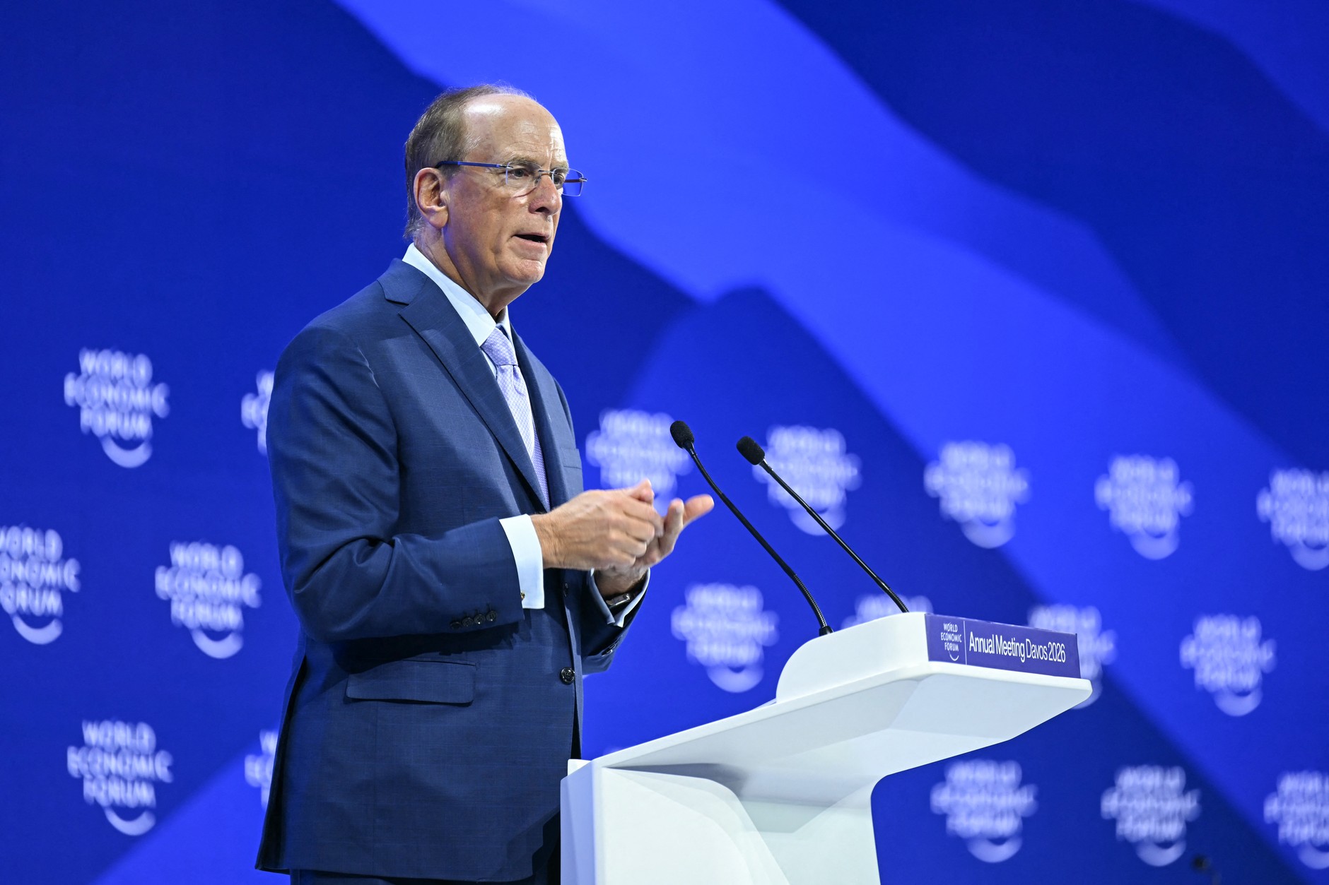 Larry Fink speaks at the World Economic Forum in Davos, January 20, 2026.