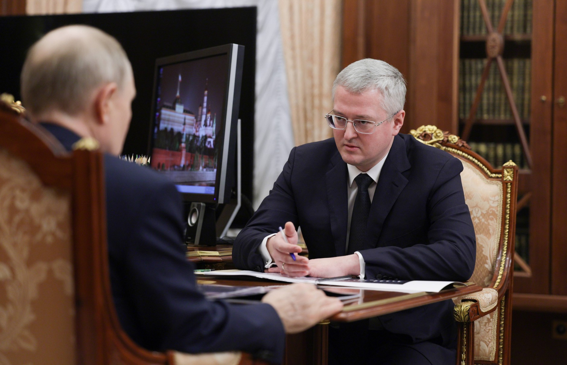 Vladimir Putin, President of Russia, talks in the Kremlin with Vladimir Solodov, Governor of the Kamchatka Krai. Moscow, February 17, 2025