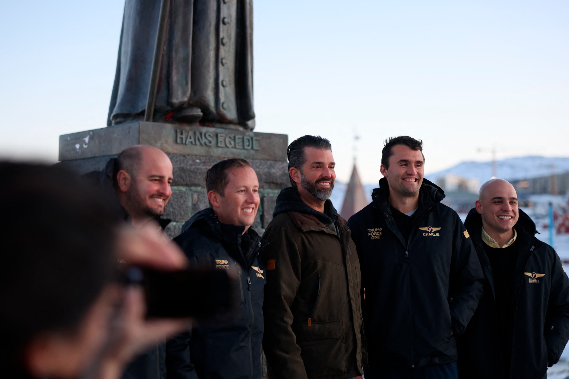 Donald Trump Jr. (third from left) during a visit to Nuuk, Greenland. He is accompanied by, among others, conservative activist Charlie Kirk (fourth from left), January 7, 2025