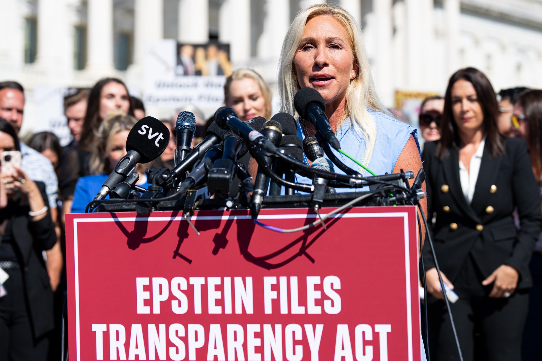 Marjorie Taylor Greene of Georgia during a press conference with Jeffrey Epstein victims in Washington, D.C., September 3, 2025. 