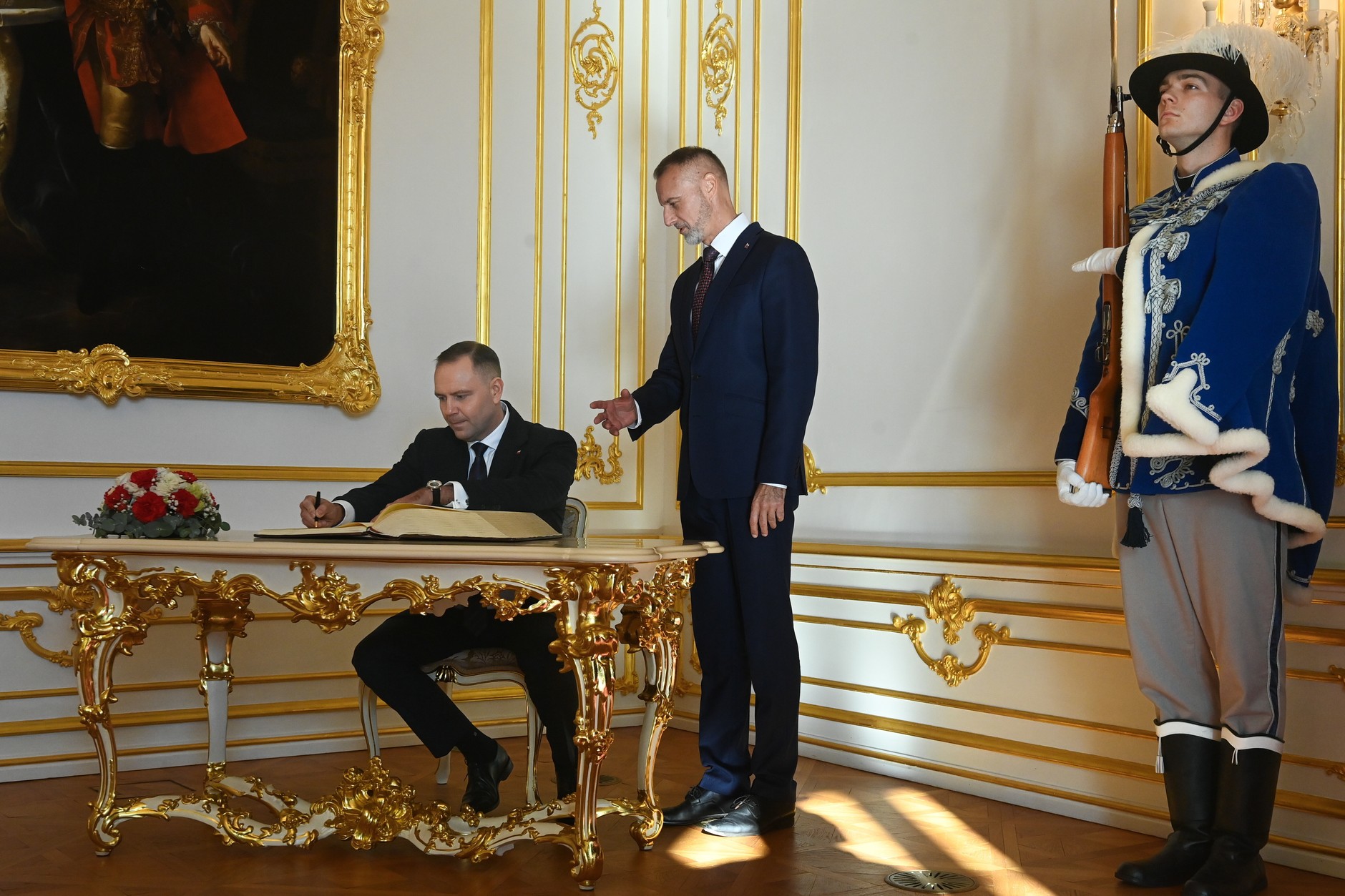 President of the Republic of Poland Karol Nawrocki and Speaker of the National Assembly of the Slovak Republic Richard Rasi during the entry into the commemorative book in Bratislava, Slovakia, November 5, 2025.