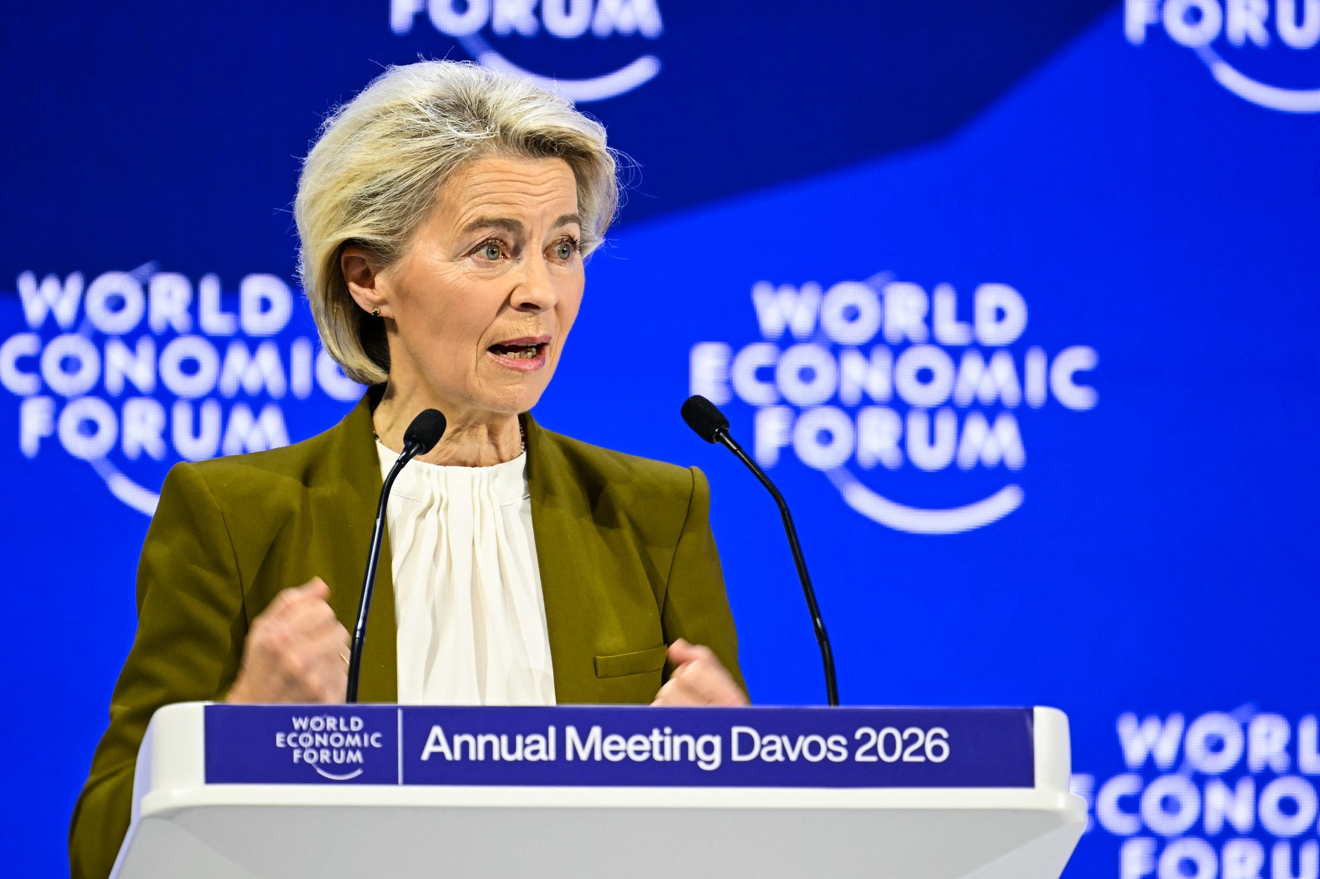 President of the European Commission Ursula von der Leyen during her speech at the annual World Economic Forum in Davos, 20 January 2026.