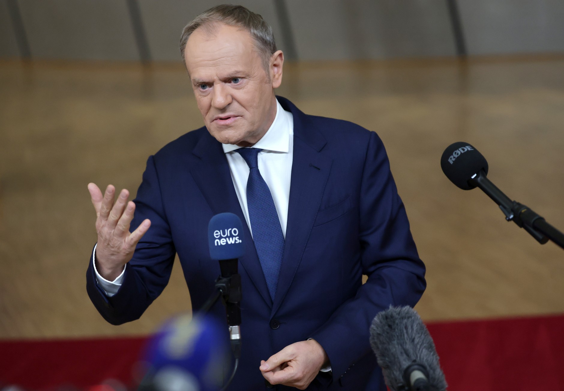 Prime Minister Donald Tusk addresses the media after arriving at an informal meeting of members of the European Council in Brussels, Belgium, January 22, 2026.