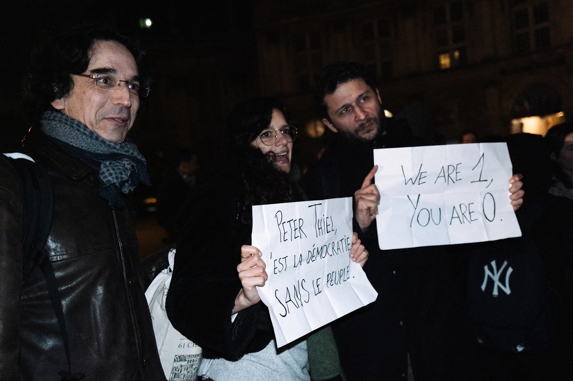 Protest against Peter Thiel's lecture in Paris, January 26, 2026.