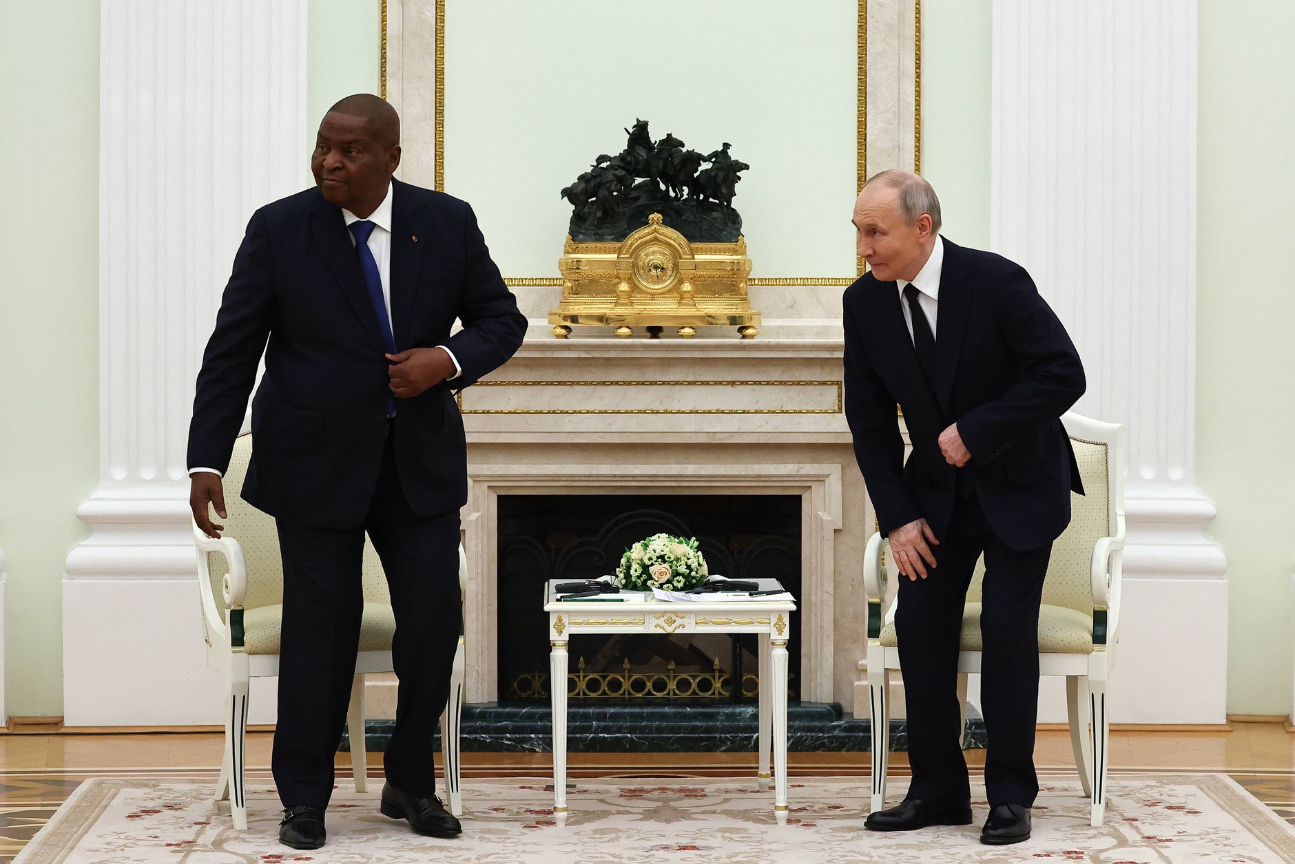 Faustin-Archange Touadera, prezydent Republiki Środkowoafrykańskiej, i Władimir Putin, prezydent Rosji, podczas spotkania w Moskwie, 16 stycznia 2025 r.