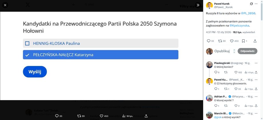 Paweł Kurek's post on the X platform regarding the elections
