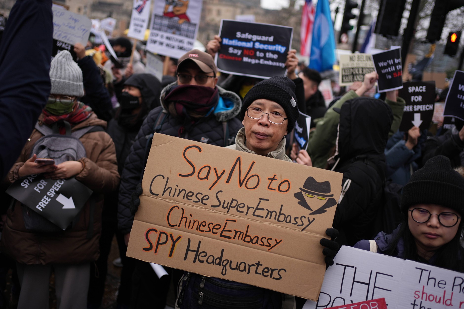 Protesters against the construction of a new Chinese embassy at the Royal Mint Court in central London, England, February 8, 2025.