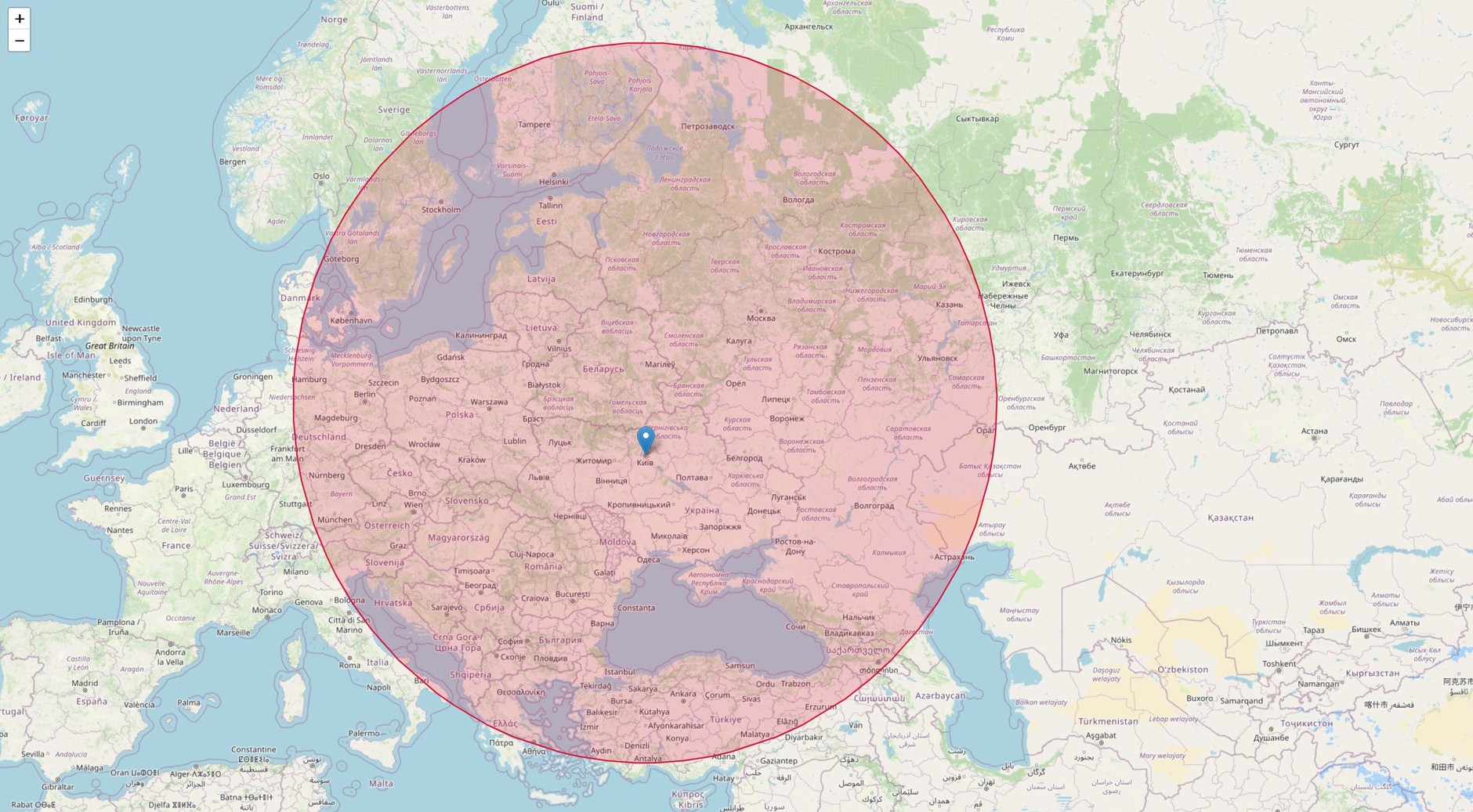 The range of the Tomahawk missile if it were fired from near Kiev
