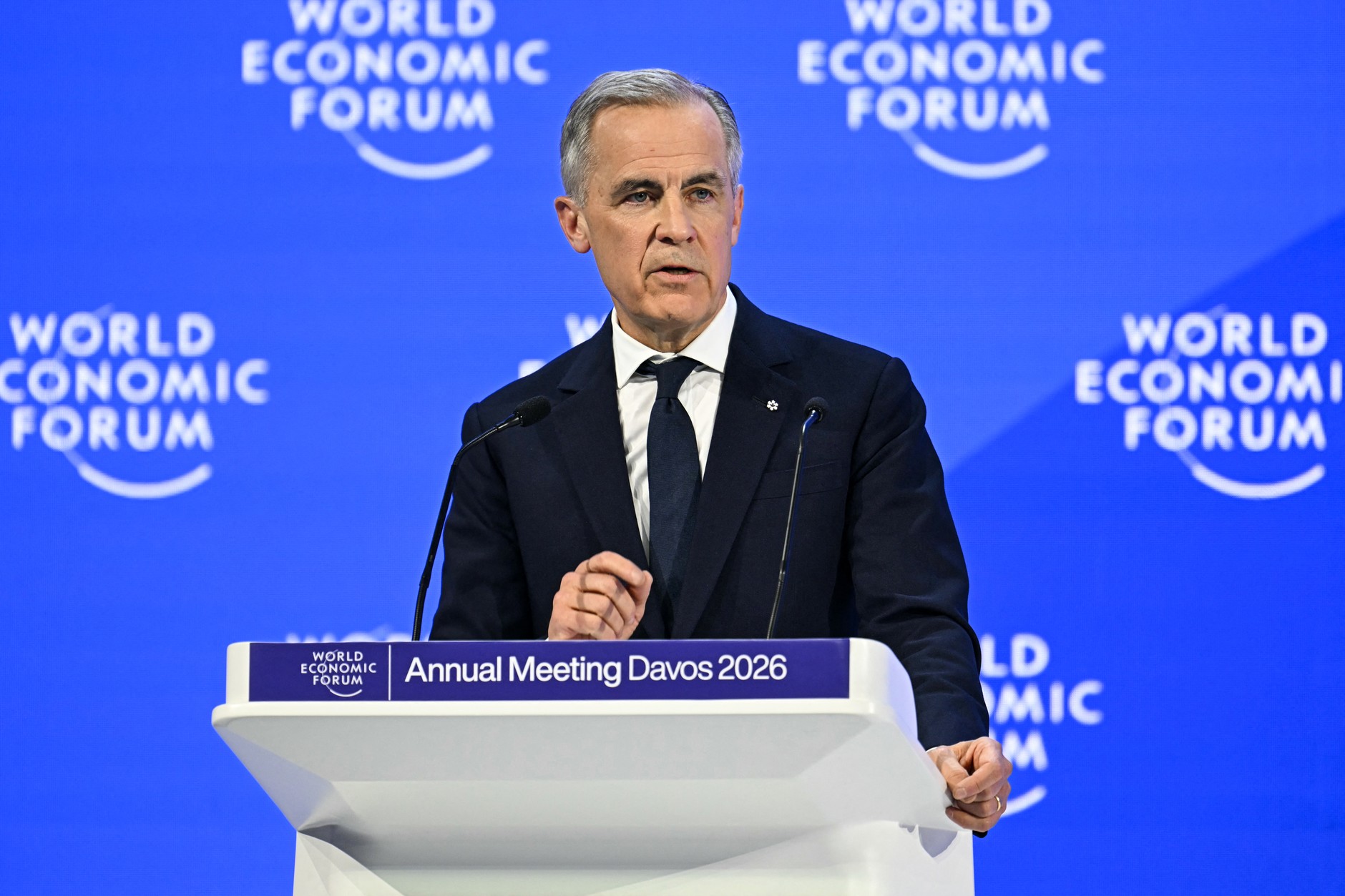 Canadian Prime Minister Mark Carney delivers a speech at the World Economic Forum in Davos, January 20, 2026.