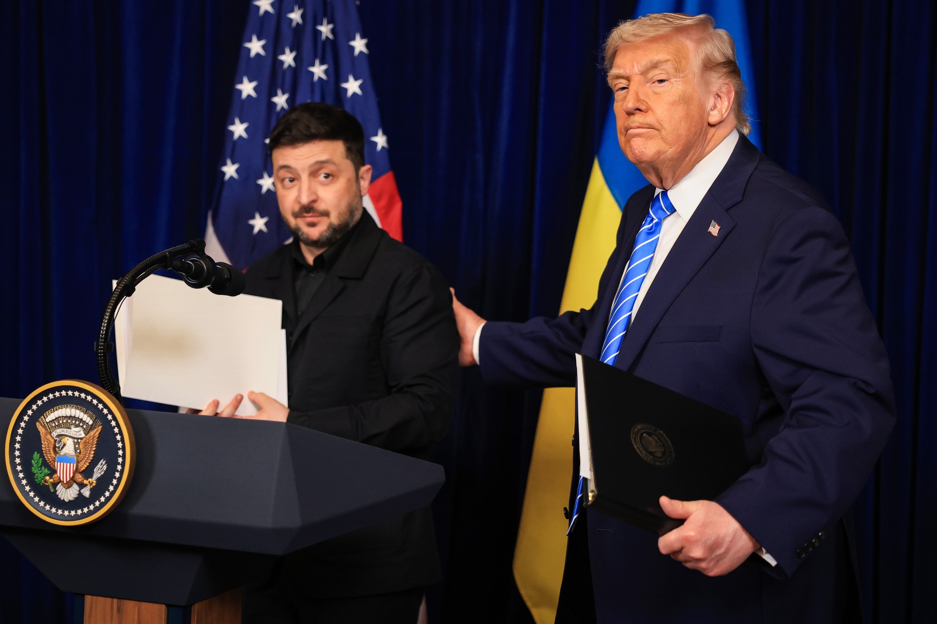 Ukrainian President Volodymyr Zelensky and US President Donald Trump after a press conference at Mar-a-Lago in Palm Beach, Florida, December 28, 2025. 