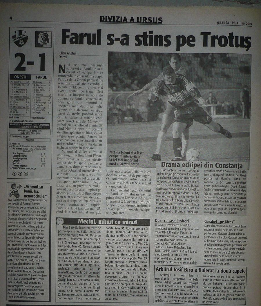 Gazeta Chronicle from the FC Onești - Farul match, which indirectly saved Brașov in May 2000 Gigi Becali was not original! The incredible story of another top with a suitcase in League 1: