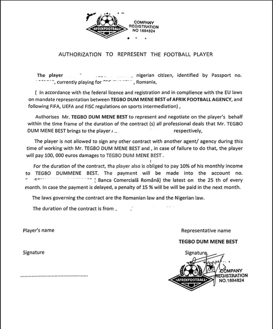 Așa arată unul dintre exemplarele de contract de reprezentare propus de Tegbo Best diferiților jucători aduși în România „Rețeaua Nigeria” » Jucători păcăliți sau legați cu clauze aberante de un fost fotbalist care acționează ca fals impresar în România + „Săracii, le cereau colegilor bani pentru Paracetamol!”