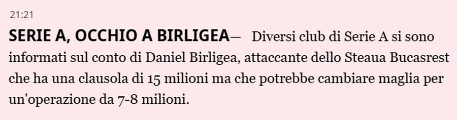 Daniel Bîrligea has admirers in Serie A, according to the pink daily Gazzetta dello Sport: