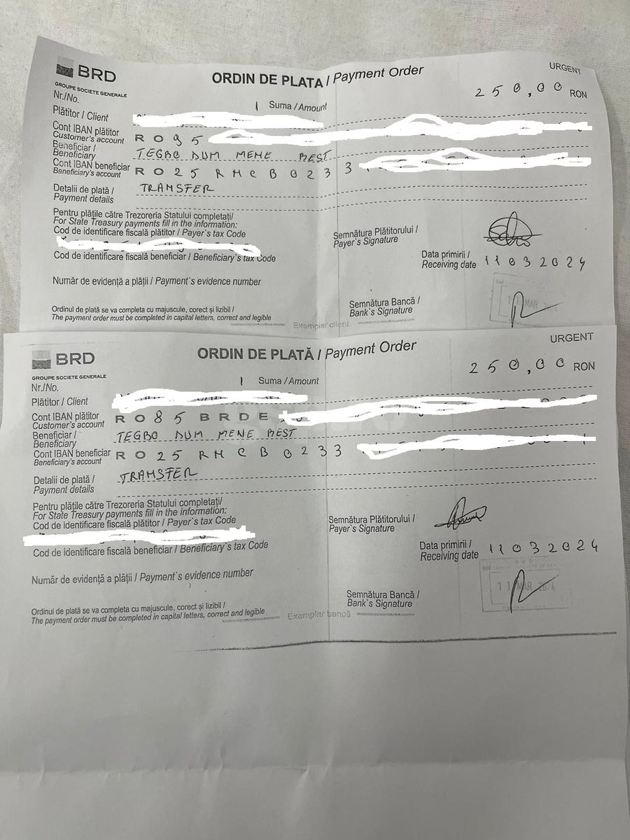 Două dintre chitanțele care arată că jucătorii virau bani către contul lui Tegbo Best de la BRD „Rețeaua Nigeria” » Jucători păcăliți sau legați cu clauze aberante de un fost fotbalist care acționează ca fals impresar în România + „Săracii, le cereau colegilor bani pentru Paracetamol!”
