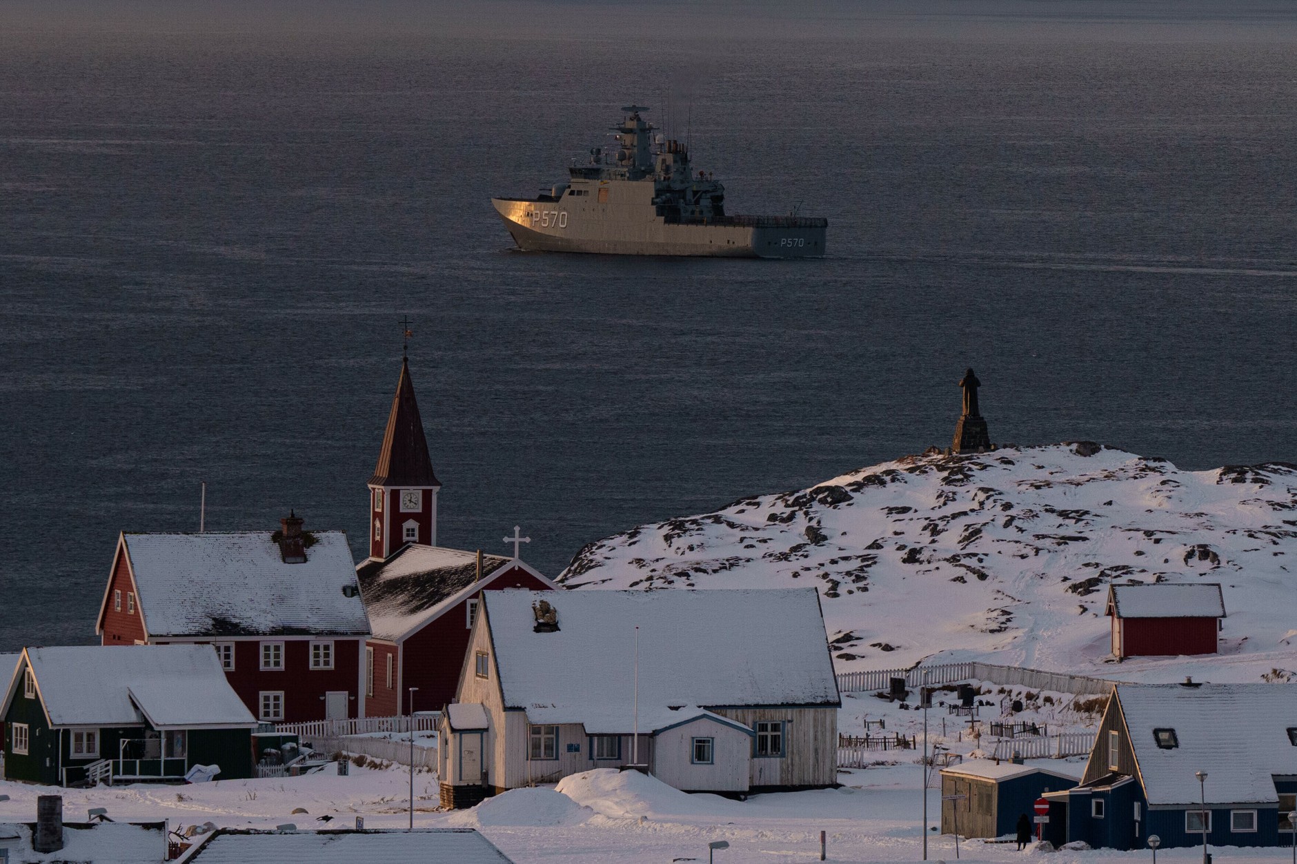 A military ship belonging to the Royal Danish Navy patrols near Nuuk, Greenland, January 15, 2026.