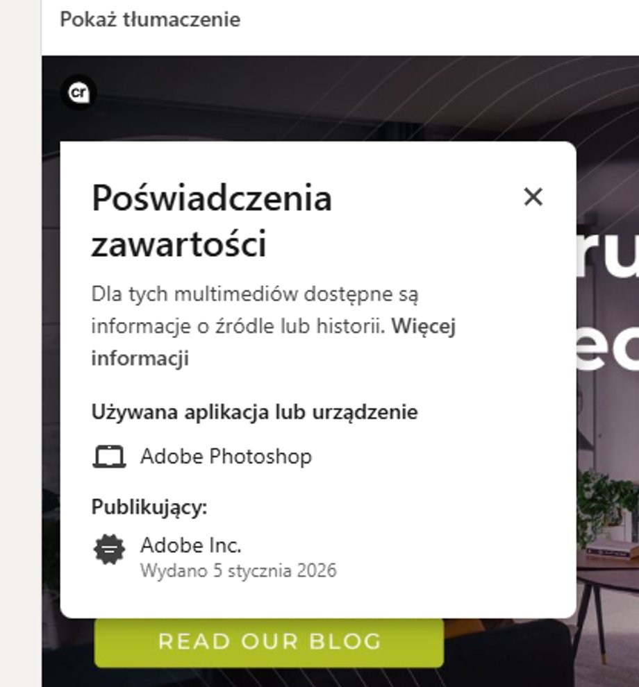 Small logo "cr" in the corner of a photo that can be found, for example, on LinkedIn, there is a button that expands a menu with information about the origin of a given image.
