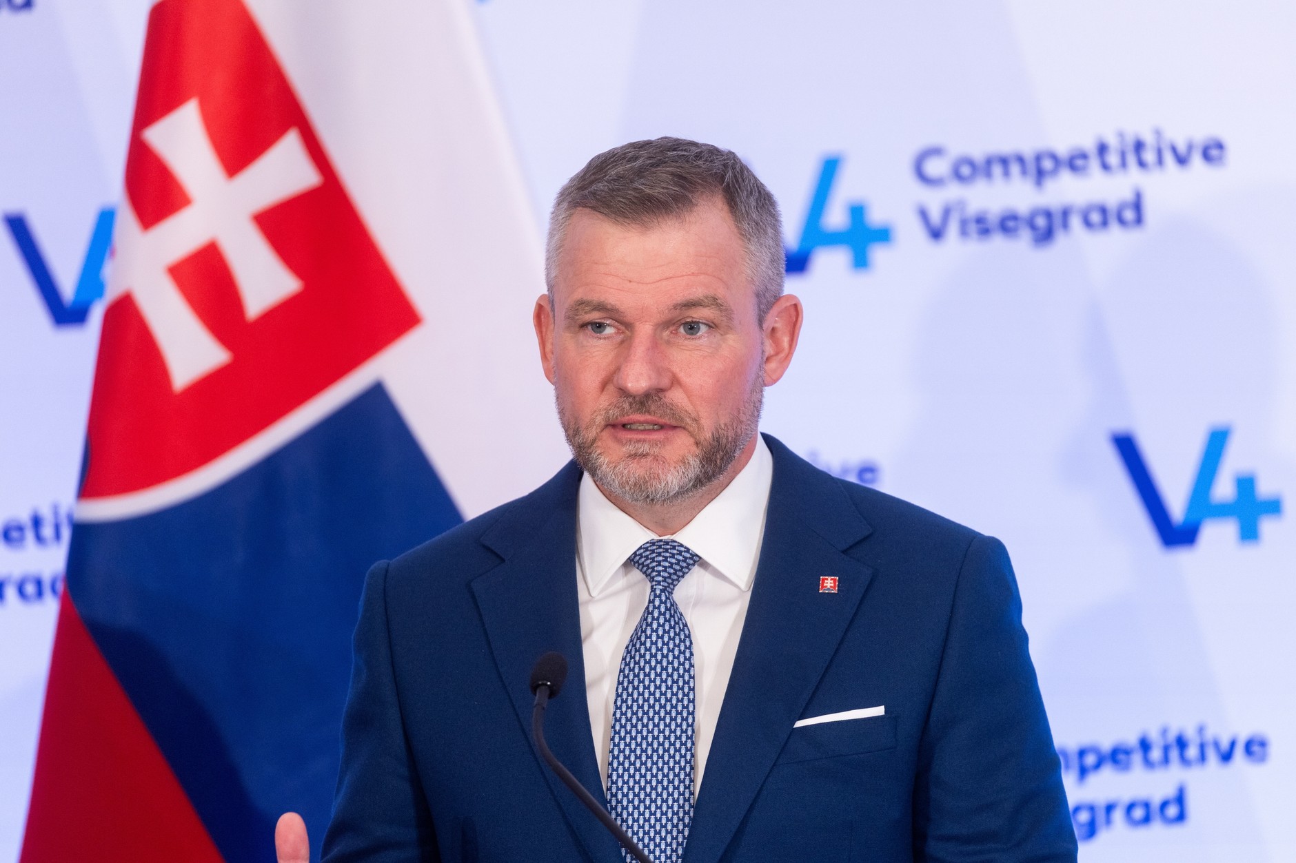 Slovak President Peter Pellegrini during a press conference after the meeting of the Presidents of the Visegrad Group countries at the Conference Center in Esztergom, Hungary, December 3, 2025.