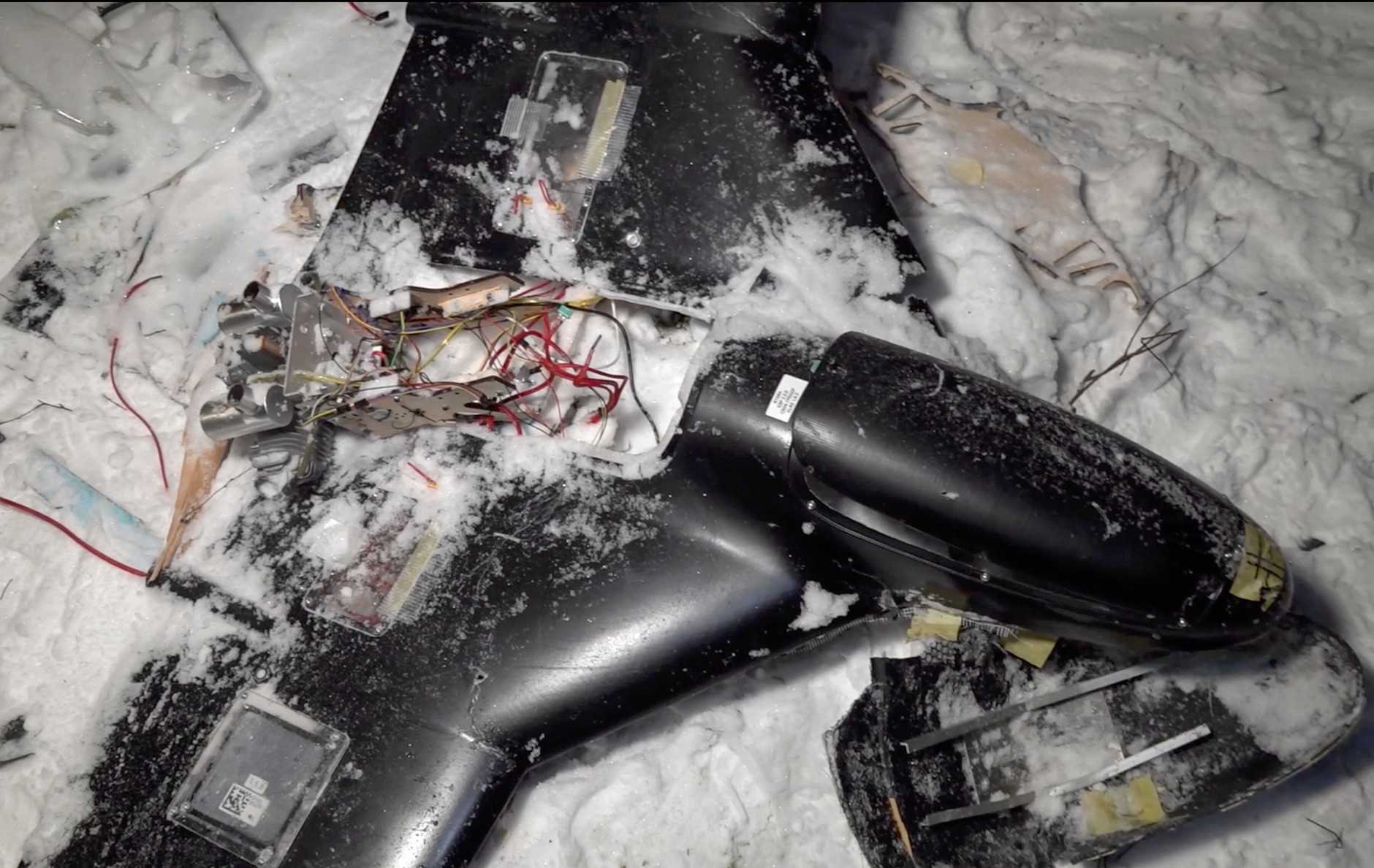 A still from a video released by Russia showing drone debris after an alleged attack on Putin's villa in Valdai, Russia, December 31, 2025. 