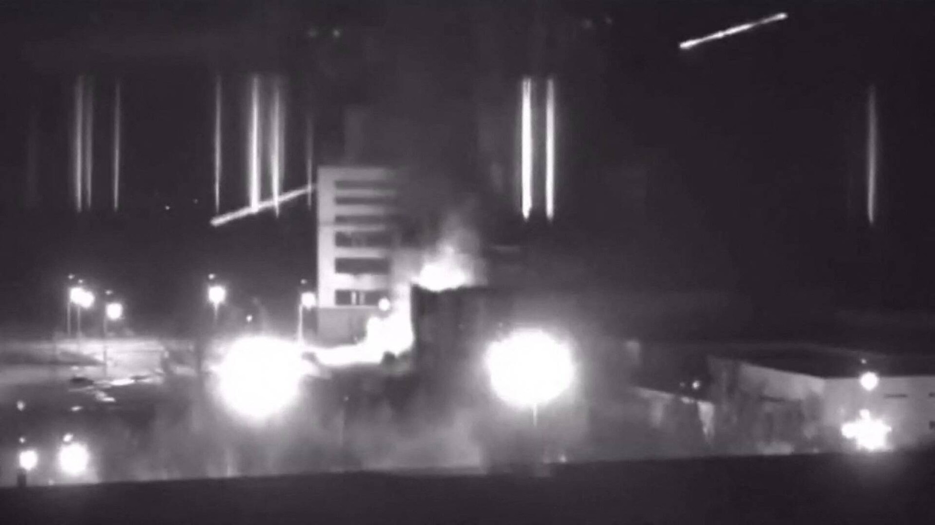 A screenshot of a recording from the Zaporozhye nuclear power plant during a fire that broke out after Russian-Ukrainian clashes, Ukraine on March 4, 2022. 