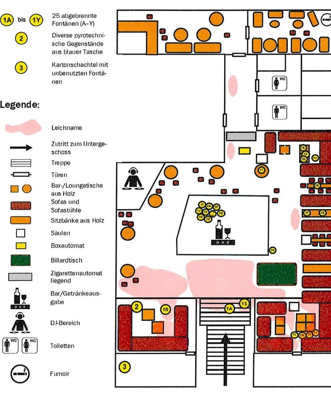 This sketch was prepared by the Institute of Forensic Medicine in Zurich for the crime scene report. The light pink fields are the areas where rescuers found the body. The numbers 1A to 1Y, as well as additional yellow circles, indicate where fireworks were launched.