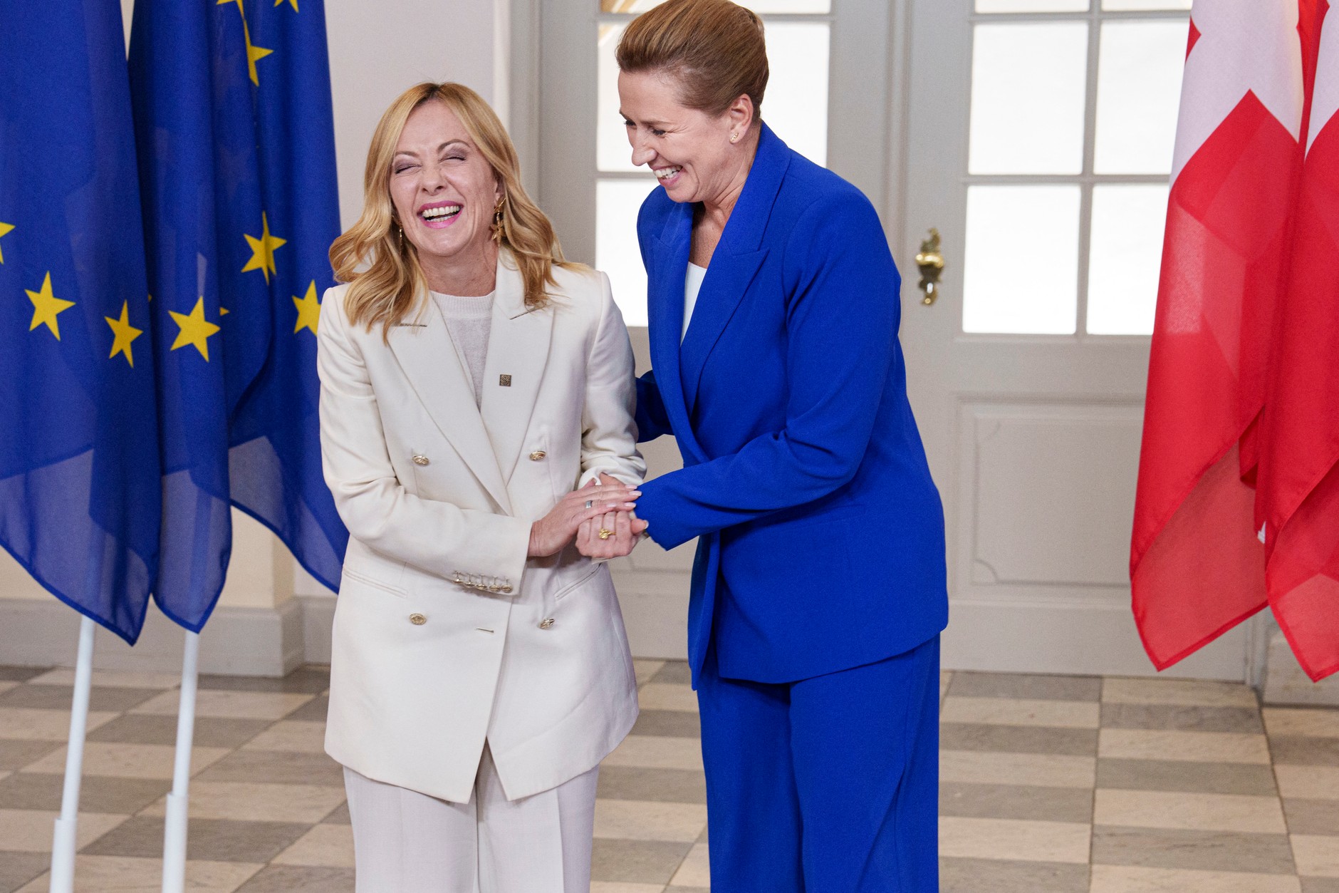 Giorgia Meloni, Prime Minister of Italy, and Mette Frederiksen, Prime Minister of Denmark, at Christiansborg Castle in Copenhagen, October 1, 2025.